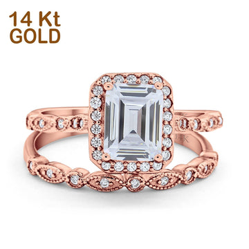 14K Rose Gold Emerald Cut Bridal Set Ring Band Engagement Two Piece Simulated CZ Size-7